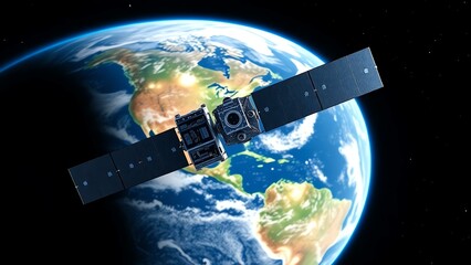 Fototapeta premium Satellite orbiting Earth against space backdrop