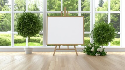 A pristine blank canvas rests on an easel in a vibrant, sunlit room, elegantly surrounded by lush greenery and warm, natural light