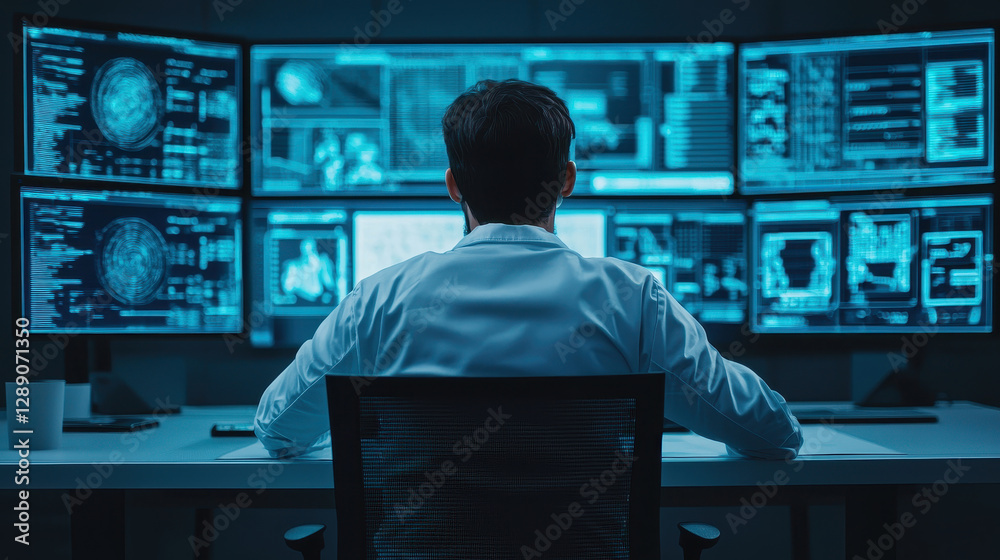 Poster virtual classroom online learning concept, man working at multiple computer screens in dark office e