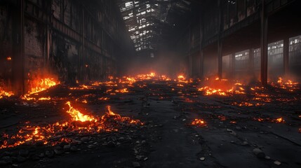 Flickering flames dance over charred wreckage, the scorched floor littered with glowing embers in the abandoned warehouse.