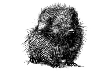 Black sketch effect porcupine, hand-drawn vintage art, animal print, trendy illustration, white background