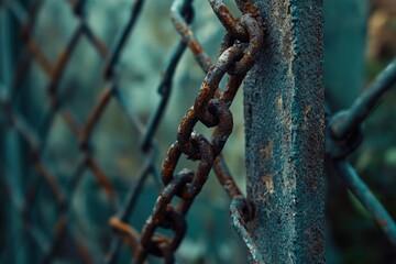 A close-up shot of a chain link fence with textured links and rusty details