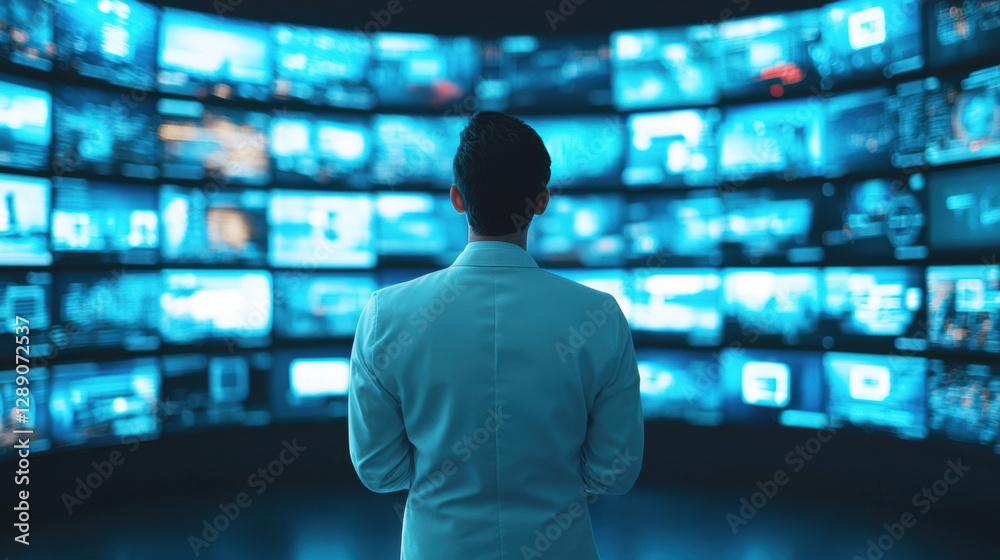 Poster virtual classroom online learning concept, scientist observing data on multiple screens in modern la