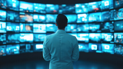 Virtual classroom online learning concept, Scientist observing data on multiple screens in modern lab environment