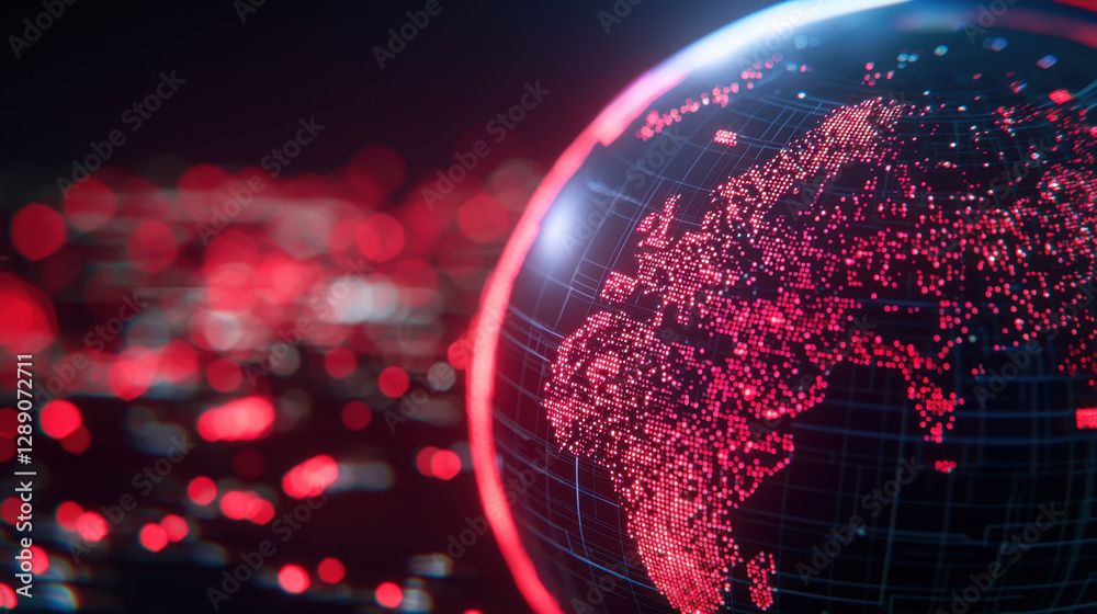 Poster virtual classroom online learning concept, digital globe with red data points representing global co