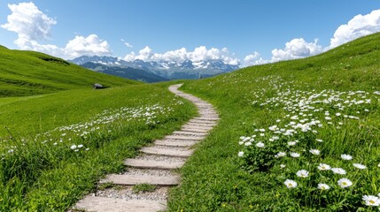 Mountain Meadow Pathway - Sunny Alpine Hiking Trail