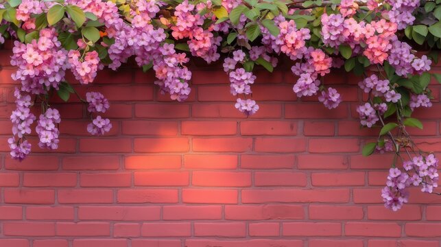 Delicate cherry blossoms bloom against a red brick wall, bathed in the soft glow of morning light, surrounded by lush greenery and vibrant purple flowers.
