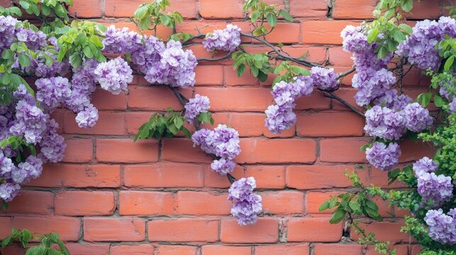 Delicate cherry blossoms bloom against a red brick wall, bathed in the soft glow of morning light, surrounded by lush greenery and vibrant purple flowers. - Powered by Adobe