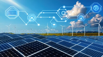 Renewable energy innovations solar panels and wind turbines in a green landscape technology clear sky futuristic vision
