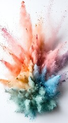 Fototapeta premium Colorful powder bursts against a white background, representing the vibrant Holi festival with ideal space for product branding