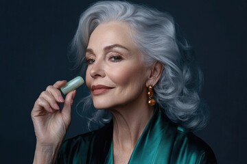 Obraz premium Elegant mature woman with silver hair holding a jade roller, showcasing skincare routine.