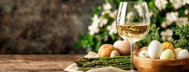 Celebrating springtime with a glass of white wine alongside decorative eggs and fresh asparagus on a rustic wooden table