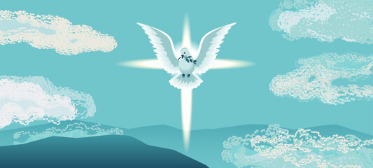 Holy Spirit Dove flies in blue sky religion holiday vector illustration. Sacrament biblical church cross symbol. Easter Sunday Christian event, Pentecost, Trinity church banner template background