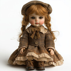 Antique Doll Vintage Toy Isolated on White Background