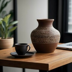 Stylish Still Life with Brown Vase and Cup on Wooden Desk