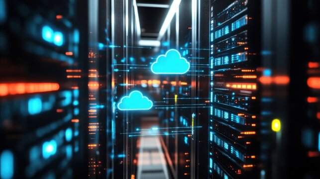Cloud technology infrastructure data center digital environment high-tech facility virtual viewpoint modern networking solutions