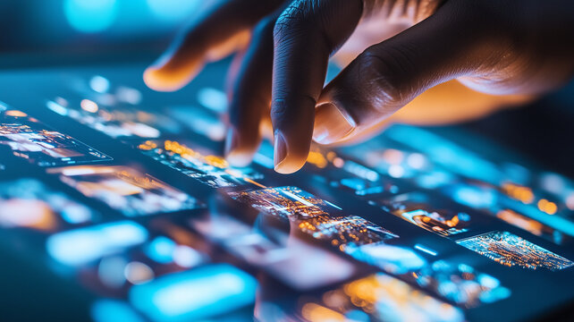 person interacting with digital touchscreen displaying vibrant images, showcasing tech lifestyle. scene captures essence of modern technology and creativity