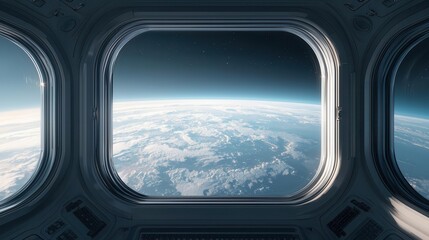 Naklejka premium Luxury space hotel floating above Earth, panoramic windows showing breathtaking planetary views