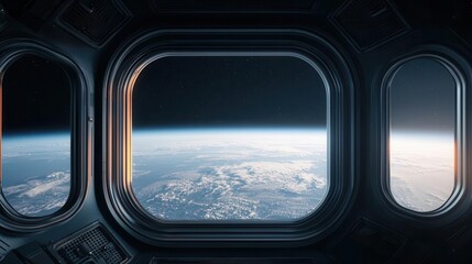 Luxury space hotel floating above Earth, panoramic windows showing breathtaking planetary views