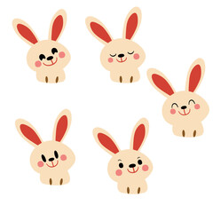 A set of five cute cartoon bunny faces with different expressions, featuring soft pastel colors and a playful, cheerful design.

