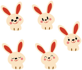 A set sticker   of five cute cartoon bunny faces with different expressions, featuring soft pastel colors and a playful, cheerful design.

