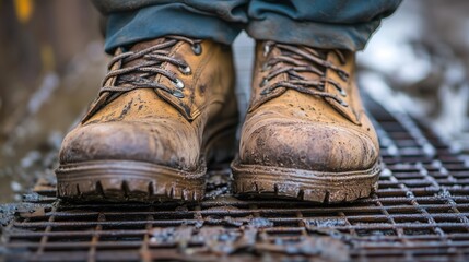 Scratches and creases mark the rugged boots, standing strong on the steel grid, built for tough conditions.