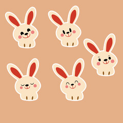 A set sticker   of five cute cartoon bunny faces with different expressions, featuring soft pastel colors and a playful, cheerful design.

