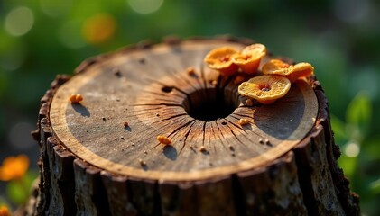 Fototapeta premium Rotten wood stump with termite holes and fungi, wood decomposition, natural decay