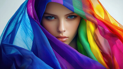 Naklejka premium Woman with rainbow colored fabric vibrant and artistic portrait beauty and colors