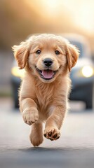 Happy golden retriever puppy runs joyfully along the street with cars in the background during late afternoon sunlight