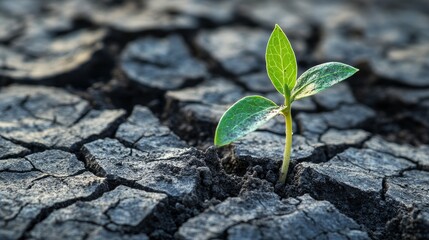 Resilient Sprout: Life From the Cracks - A small green sprout pushes through cracked earth, symbolizing hope, resilience, growth, perseverance, and new beginnings