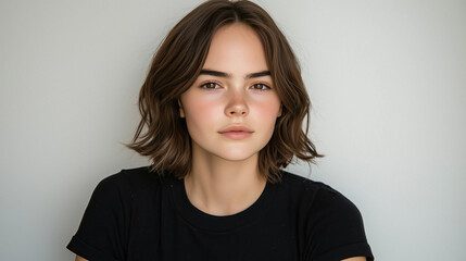 Fototapeta premium Portrait of young woman with short brown hair looking directly at camera against plain backdrop
