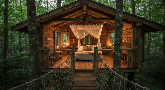 Cozy Treehouse Cabin with Rope Bridge in Forest Setting - Powered by Adobe