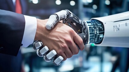 Innovative collaboration human-robot interaction in business corporate office digital art futuristic environment close-up view automation concept