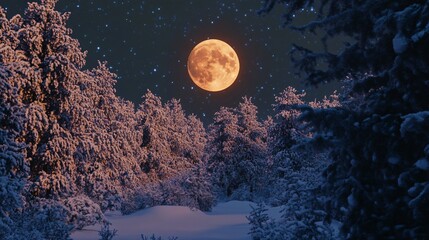 Snowy Night Landscape with Full Moon Illuminating Snow-Covered Trees