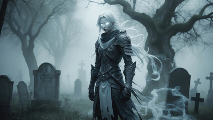 Fototapeta premium Mysterious figure in dark armor stands among ancient gravestones in a foggy cemetery at twilight