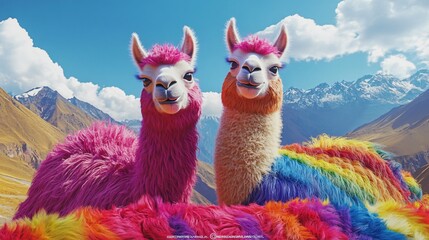 Fototapeta premium Vibrant Llama Duo Roaming the Rainbow Mountain