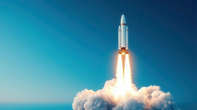 Futuristic private space agency rocket launching from a hightech spaceport, cuttingedge space travel concept