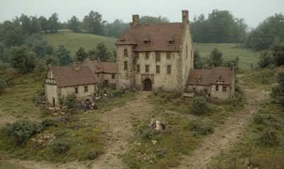 Fototapeta premium Stone manor house nestled in a verdant field, under a hazy sky. Flowers and overgrown vegetation surround the aged structure