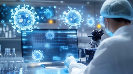 Researching covid-19 vaccines laboratory setting digital illustration scientific environment close-up view viral study