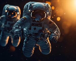 Fototapeta premium Excited space tourists floating in zero gravity aboard a private space station