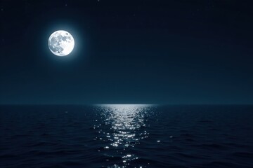 Serene Nighttime Seascape Full Moon Reflecting on Calm Ocean Waters Under Starry Sky