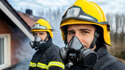 Firefighters in protective gear pose confidently in front of a smoking building during a rescue operation at midday