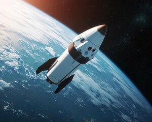 Fototapeta premium Sleek commercial spacecraft soaring past Earth, private spaceflight innovation in action