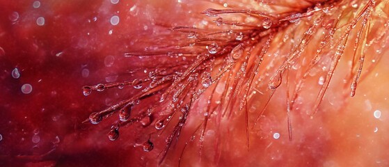 Close-up of Dewdrops on Green Pine Needles