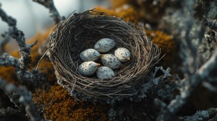 A nest filled with eggs sitting on top of a moss-covered tree branch