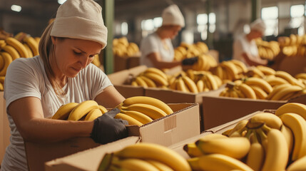 Workers packing fresh bananas, cardboard boxes at processing plant, ripe fruit. Sharp focus, vibrant yellow tones.