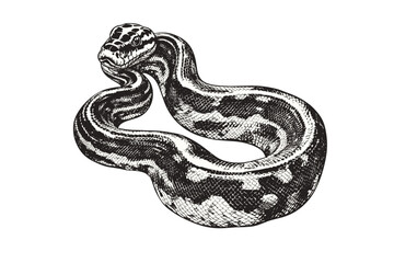 Vintage illustration of hand-drawn python, black sketch effect, wildlife print, old engraving style, trendy reptile art, white background, classic design.