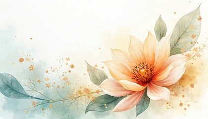 Obraz premium Watercolor drawing of flower surrounded by cream and gold leaves on white background. Floral illustration of blossom petals, flowing fluid, ink splash swirl in luxury smooth style for wallpaper.