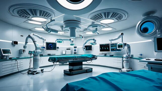 High-tech futuristic operating room with robotic surgical equipment and advanced medical monitors
